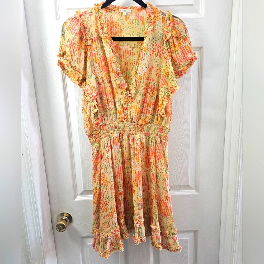Poupette St Barth Amber Ruffled Mini Dress Marigold Yellow Size Medium